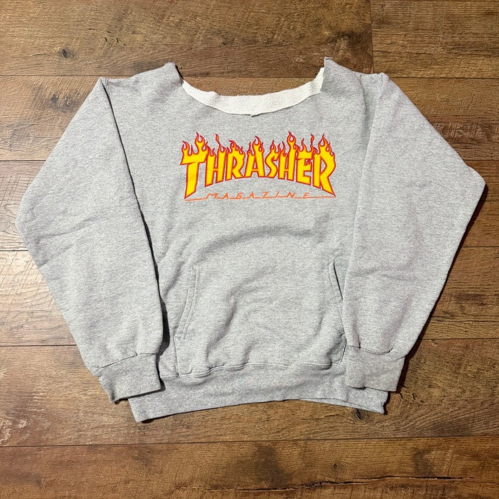 Thrasher Magazine Flame Logo Gray Sweatshirt Custom Cut Off Neck Skater DIY